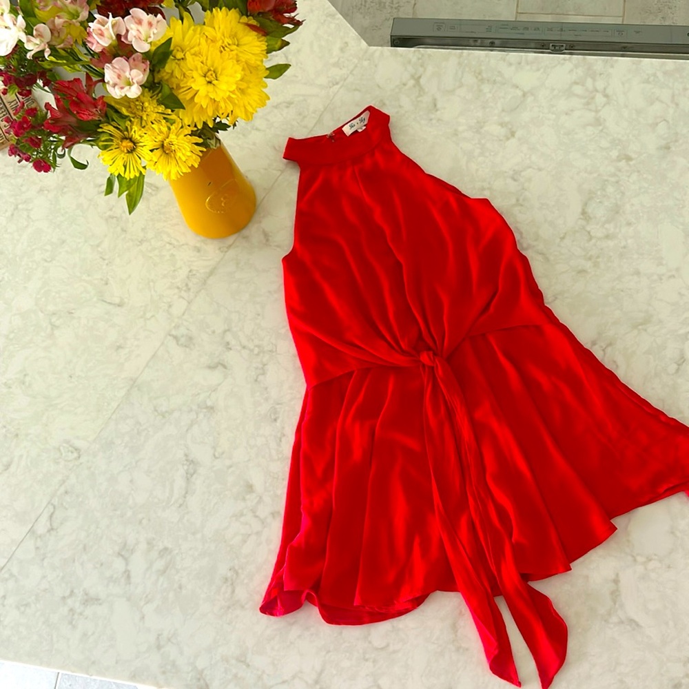 She + Sky Red Sleeveless Tie-Waist Romper